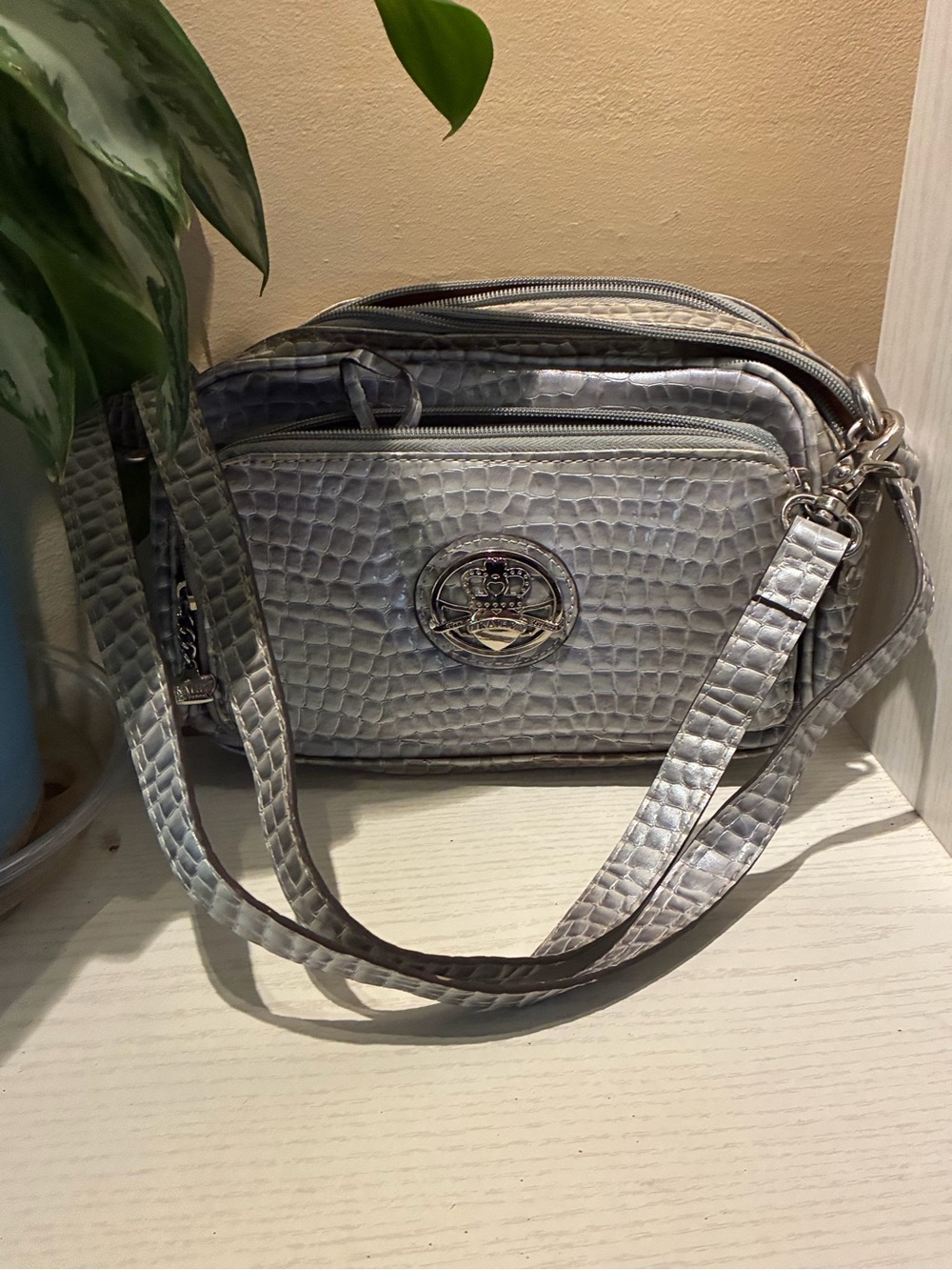 Kathy Van Zeeland Silver Croc-Embossed Shoulder Bag with Logo Plaque